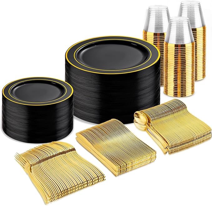 bUCLA 300PCS Black and Gold Disposable Dinnerware Set - 50 Guests Black Plastic Plates with Gold Rim Include 50 Dinner / 50 Dessert Plates, 50 Forks,50 Knives,50 Spoons&50 Cups for Party&New Year