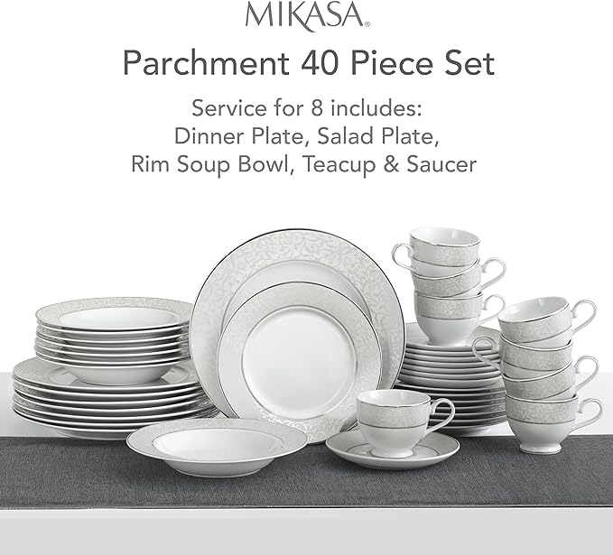 Mikasa Parchment 40-Piece Dinnerware Set, Service for 8, Durable Porcelain Plates, Bowls, and Mugs with Contemporary Design, Dishwasher Safe
