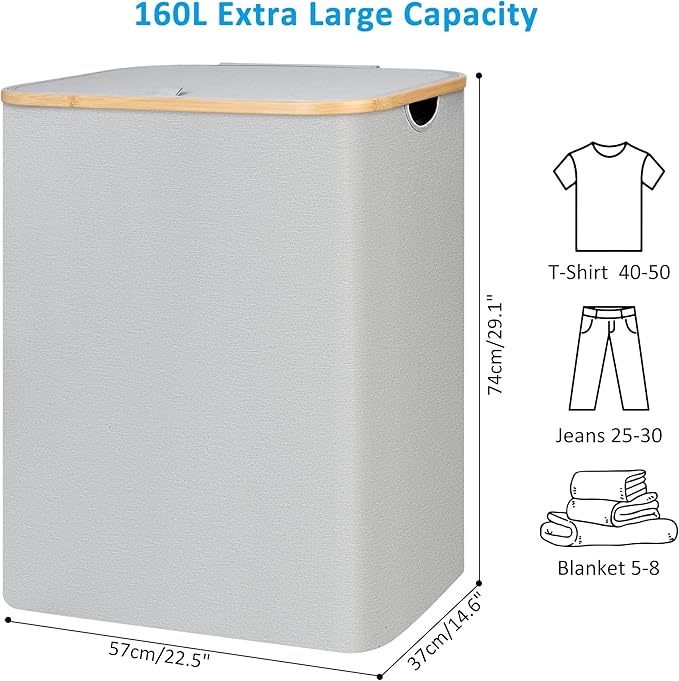 Double Laundry Hamper with Lid, Divided Laundry Hamper with Removable Bags, 2 Section Dirty Clothes Basket with Handles for Bathroom, Bedroom & Laundry Room, 160L Dove Gray