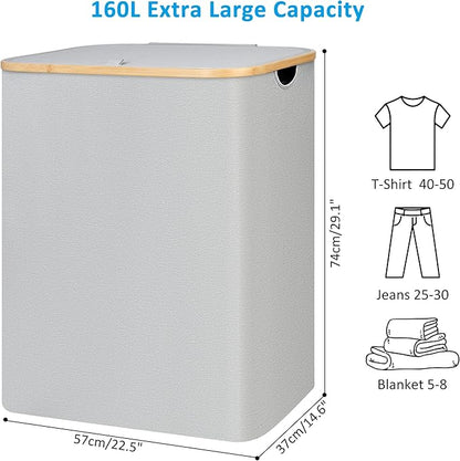 Double Laundry Hamper with Lid, Divided Laundry Hamper with Removable Bags, 2 Section Dirty Clothes Basket with Handles for Bathroom, Bedroom & Laundry Room, 160L Dove Gray