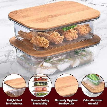 Vdomus Glass Food Storage Containers with Bamboo Lids 36.0oz/1.0L - Stackable Meal Prep Container - Airtight Glass Food Containers - Microwave, Dishwasher Safe - Reusable Lunchbox (Pack of 4)