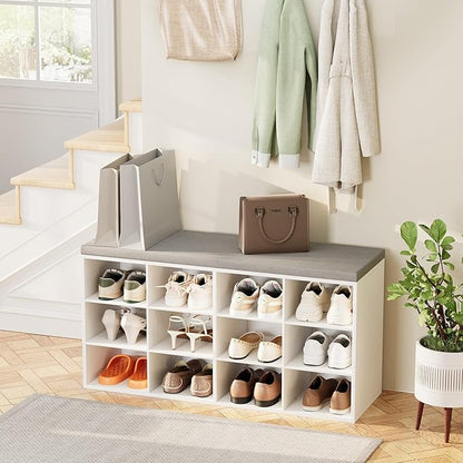 12-Cubby Shoe Rack with Cushion, 3-Tier Wood Shoe Organizer, Multifunctional Shoe Organizer Bench for Entryway, Mudroom, Hallway, Closet,36.22 * 11.81 * 17.7 Inch, White
