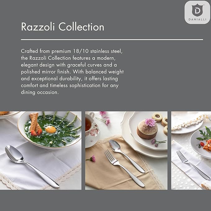 Modern Silverware Set, 18/10 Stainless Steel Flatware, Mirror Finish, Dishwasher Safe, Elegant Cutlery for Home and Dining, Built to Last (40-Piece, Razzoli)