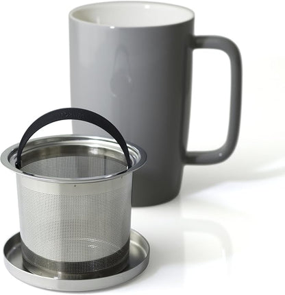 FORLIFE Dew Glossy Finish Brew-In-Mug with Basket Infuser & "Mirror" Stainless Lid 18 oz., Gray