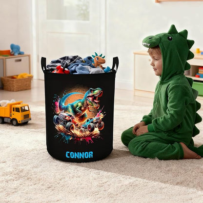 callie Personalized Dinosaur Gifts Truck Laundry Basket for Boys, Waterproof Collapsible Kids Laundry Hamper, Clothes Toys Storage Bin for Bedroom (13.8" x 16.5", 15.7" x 19.6")