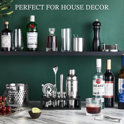 KITESSENSU Cocktail Shaker Set with Stand | Mixology Bartender Kit Bar Set with Essential Bar Accessories for Home Bar: Martini Shaker, Jigger, Muddler, Bar Spoon | Drink Mixer Cocktail Kit