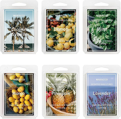 Maracco Spring & Summer Fruit Scented Wax Melts, Soy Wax Cubes for Wax Warmer, Scentsy Wax Melts, Coconut Vanilla, Pineapple, Lemon, Lavender, Mango, Mint, 6x2.5 oz
