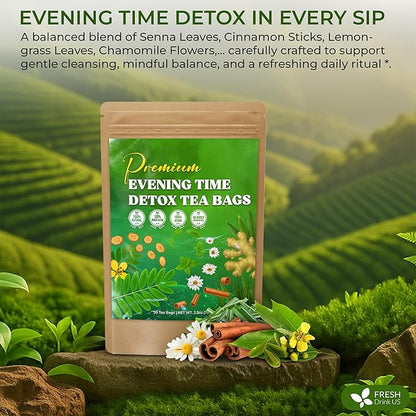 FreshDrinkUS, Evening Time Detox Herbal Tea – 30 Tea Bags – Caffeine-Free Blend with Senna, Peppermint, Chamomile, Licorice, Ginger, Reishi Mushroom – Relaxing Herbal Infusion – Non-GMO & Natural