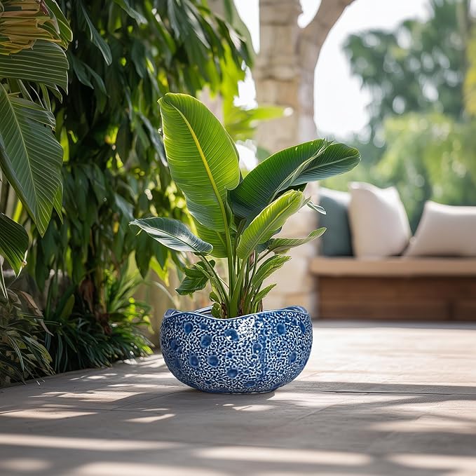 Bonsai Tree Pot - 13 Inch Large Ceramic Pots for Plants Indoor Outdoor, Round Planter, Decorative Flower Pot with Drainage Hole, Modern Unique Planter, Garden Decor Home, Garden Gifts, Blue