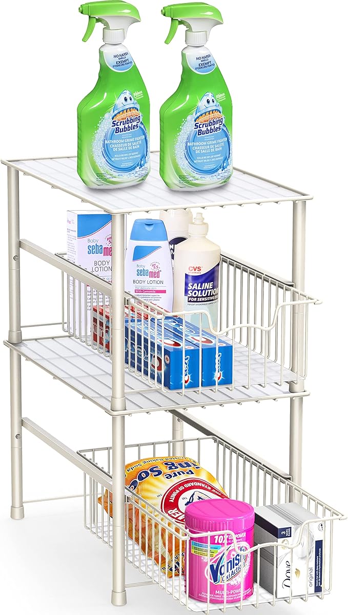 Simple Houseware Stackable Under Sink Cabinet Sliding Basket Organizer Drawer, White