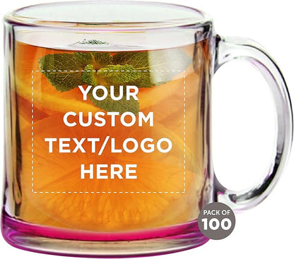 Custom Libbey Clear Glass Coffee Mugs 13 oz. Set of 100, Personalized Bulk Pack - Perfect for Coffee, Tea, Espresso, Hot Cocoa, Other Beverages - Pink Bottom