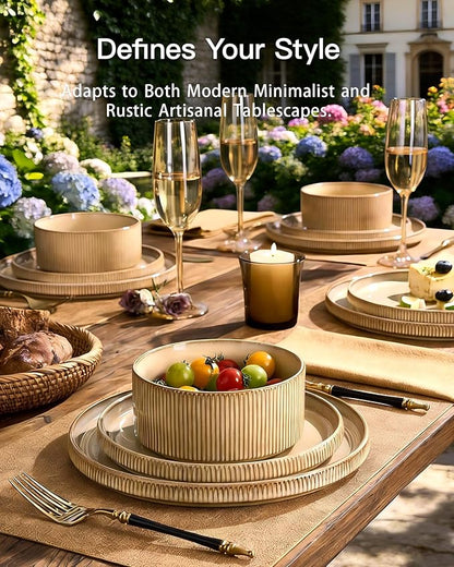 Dinnerware Set for 6, Ceramic Ribbed Plates, Dishes | 18-Piece Stoneware Dinner