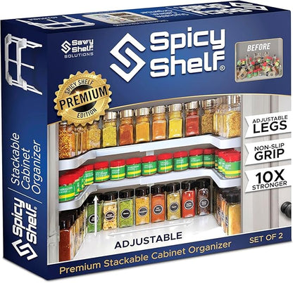 Spicy Shelf Premium – Expandable 2-Tier Spice Rack Organizer for Cabinets & Pantry – Adjustable Stackable Kitchen Seasoning Organizer – Strong Non-Slip Cabinet Organizer for Spices, Bottles & More