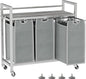 Laundry Hamper, Laundry Basket, Laundry Sorter with 3 Removable Bags, Clothes Basket with 3 Compartments, Wheels, Shelf for Laundry Room Bathroom Bedroom (3 Bags-Gray)