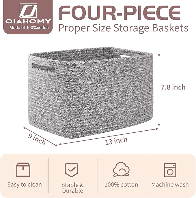 OIAHOMY 4 Pack Storage Baskets for Organizing, Cube Storage Bins for Shelves, Rectangle Storage Baskets With Handles, Woven Baskets for Storage, 12.7''Lx9''Wx7.8''H, Grey