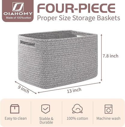 OIAHOMY 4 Pack Storage Baskets for Organizing, Cube Storage Bins for Shelves, Rectangle Storage Baskets With Handles, Woven Baskets for Storage, 12.7''Lx9''Wx7.8''H, Grey