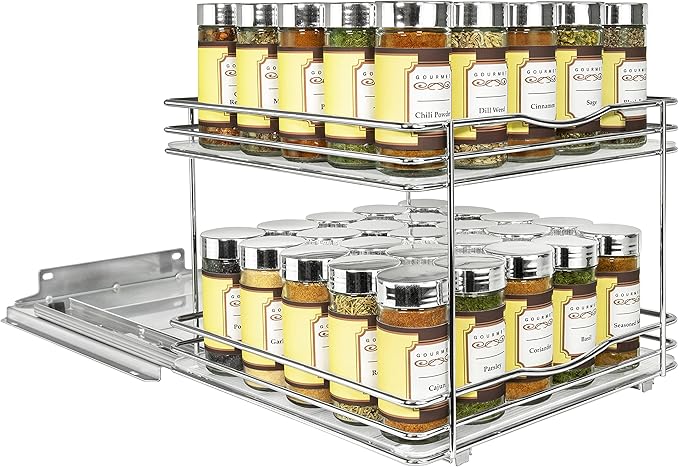 LYNK PROFESSIONAL® Pull Out Spice Rack Organizer for Inside Kitchen Cabinets - 10-3/8 inch Wide - Slide Out Drawer – Chrome Sliding Spice Cabinet Organization Shelf Racks - 2 Tier