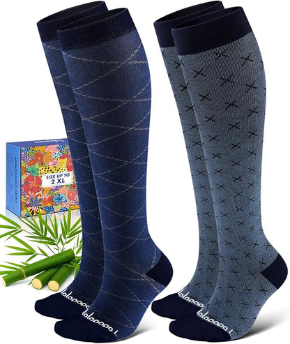 Bamboo Viscose Compression Socks for Women Men 2 Pairs 15-20mmHg Knee High Compression Socks Travel Nurse