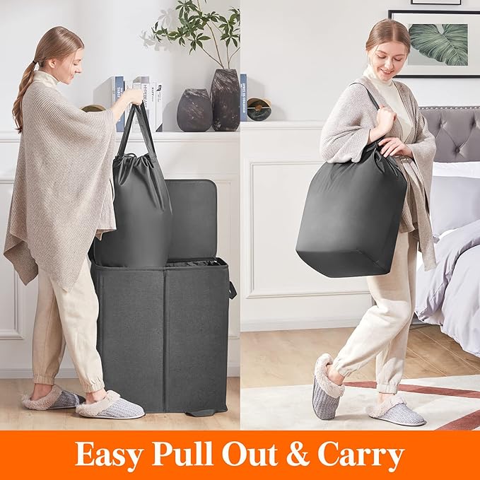 Lifewit Double Laundry Hamper with Lid and Removable Laundry Bags, Large Collapsible 2 Dividers Dirty Clothes Basket with Handles for Bedroom, Laundry Room, Closet, Bathroom, College, 155L Black