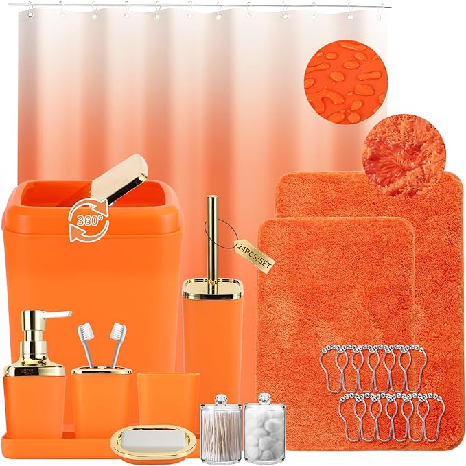 Bathroom Set - Orange Bathroom Sets with Shower Curtain and Rugs, 24PCS Shower Curtain Set with Hooks, Soap Dispenser, Soap Dish, Toilet Brush Holder and Trash Can for Housewarming