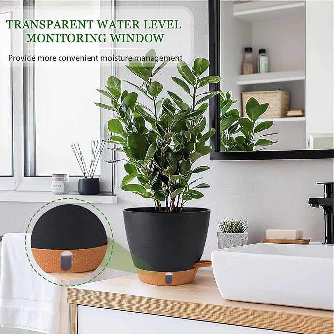 2 Pack 8 Inch Pots for Plants Indoor, Plastic Self Watering Planters with Drainage Holes, Water Level Indicator & Deep Reservoir, Decorative Flower Pots Indoor Outdoor Use (Black