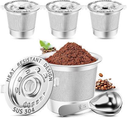 NESSUS K Cup Reusable Coffee Pods for Keurig 1.0, Stainless steel Reusable K Cups, Metal K Cups for Keurig Coffee Pods Reusable with Heat Resistant Handles and Coffee Scoop, NO BPA, 4 Pack