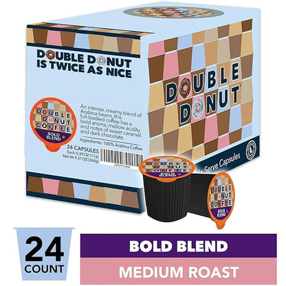 Double Donut Medium Dark Roast Coffee Pods, Bold Blend Coffee, Single Serve Coffee For Keurig K Cups Machines, Dark Roast Coffee in Recyclable Pods, Hot or Iced Coffee, 24 Count