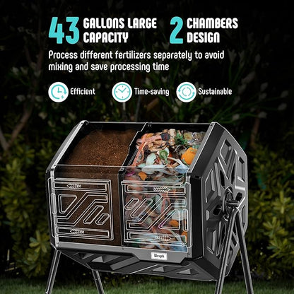 43 Gallon Compost Bin with Gloves, Fast Assembly & Easy Setup Outdoor Compost Tumbler, Updated Dual Chamber Tumbling Composter for for Garden, Kitchen, and Yard Waste, Black