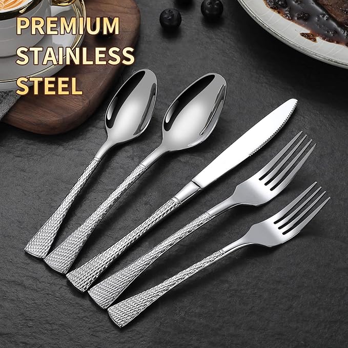 Lemeya Hammered Silver Silverware Set for 8,Stainless Steel 40-Piece Modern Cutlery Set,Mirror Polished Heavy Duty Flatware Set Utensil Set,Knives Spoons and Forks Set,Dishwasher Safe