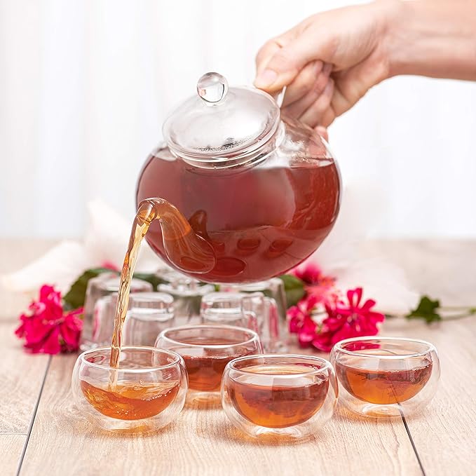 Moss & Stone Glass 27oz Tea Kettle Infuser & 4 Tea Cups Gift Set, Borosilicate Glass Teapot With Removable Glass Strainer & Teacups Of 2.7 oz, Teapot With Strainer Microwave Safe Tea Maker