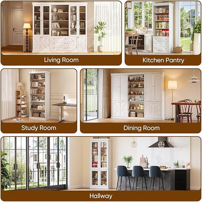 70.8" Tall Farmhouse Kitchen Pantry Cabinet with Doors, Modular Storage Cabinet with 4-Tier Adjustable Shelves, White, Wooden Hutch for Kitchen, Living Room, Set of 2