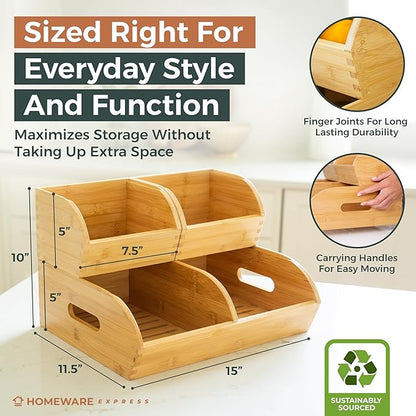 Potato and Onion Storage Bin for Pantry and Kitchen Counter - Ventilated Stackable Bamboo Organizer Baskets with Handles - Multipurpose Organization Containers for Fruit, Vegetable, Pantry - 3 Pack