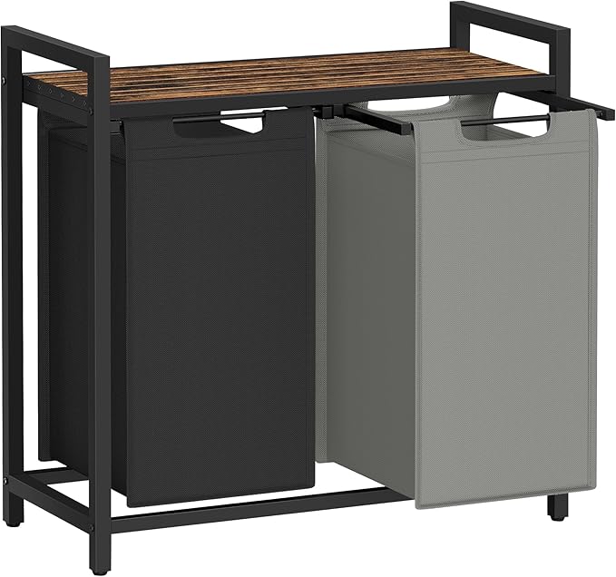 VASAGLE Laundry Hamper, Laundry Basket, Laundry Sorter with 2 Pull-Out and Removable Bags, Shelf, Metal Frame, 2 x 12.1 Gallons (46 L), 28.8 x 13 x 28.4 Inches, Bicolor and Rustic Brown UBLH201X01