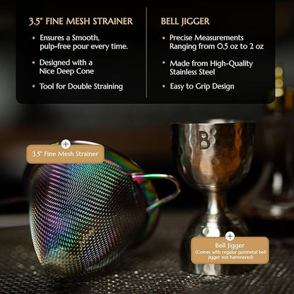 5 Piece Cocktail Kit by Bull In China - Premium Bartender Gift Set Includes Weighted 2 Piece Boston Shaker, Hammered Bell Jigger, Hawthorne Strainer & Fine Mesh Strainer (Gunmetal Black)