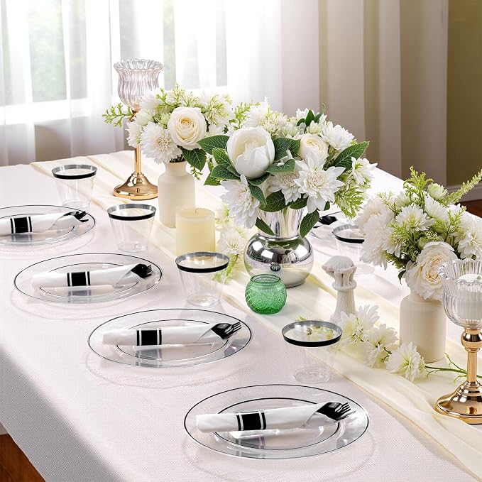 SUT 350 Pcs Black and Clear Plastic Dinnerware Set