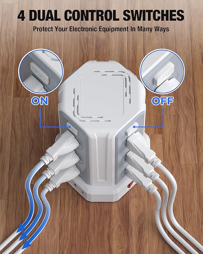 Power Strip Surge Protector, 10 Ft Extension Cord with 12 AC Multiple Outlets 4 USB (1 USB C), SMALLRT Power Tower Desktop Charging Station (White, 10 FT)