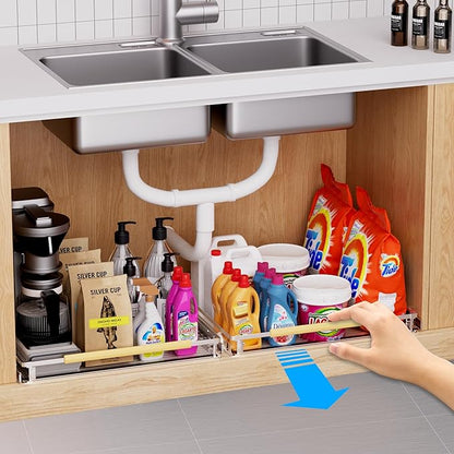 Expandable Pull Out Drawer Cabinet Organizer, Adjustable Width Bottom-Mounted Slide Out Storage Shelves for Cabinets, Required Cabinet Size (14.86"~25.86", D≥22.5"), 1 Pack