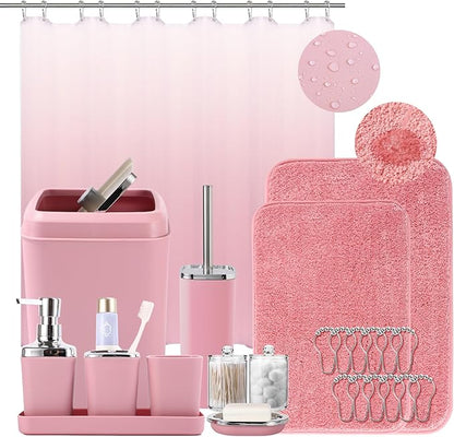 Bathroom Accessory Set–Bathroom Sets with Shower Curtain and Rugs, Non Slip Bathroom Rugs Super Absorbent, Pink Ombre Waterproof Shower Curtain with Hooks, Pink Bathroom Sets Complete for Home