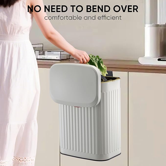 2.11Gallon 8L Carbon Steel Trash Can Door Compost Bin Wall Mounted 2 Ways Sliding Lid Compost Bin Countertop Kitchen Hanging Cabinet Door Trash Bin Metal Garbage Bin Cubo de Basura Ivory