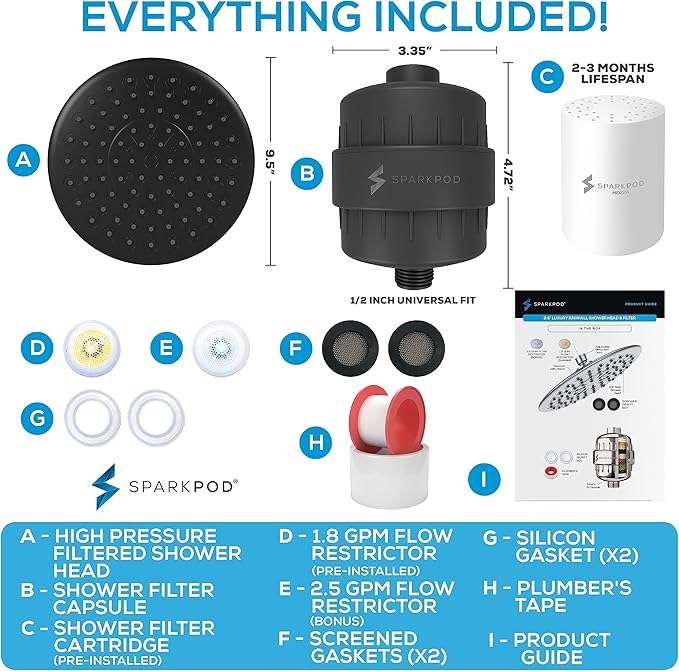 SparkPod Luxury Filtered Shower Head Set 23 Stage Shower Filter - Reduces Chlorine and Heavy Metals - High Pressure Showerhead Filter (9.5" Round, Midnight Black Matte)