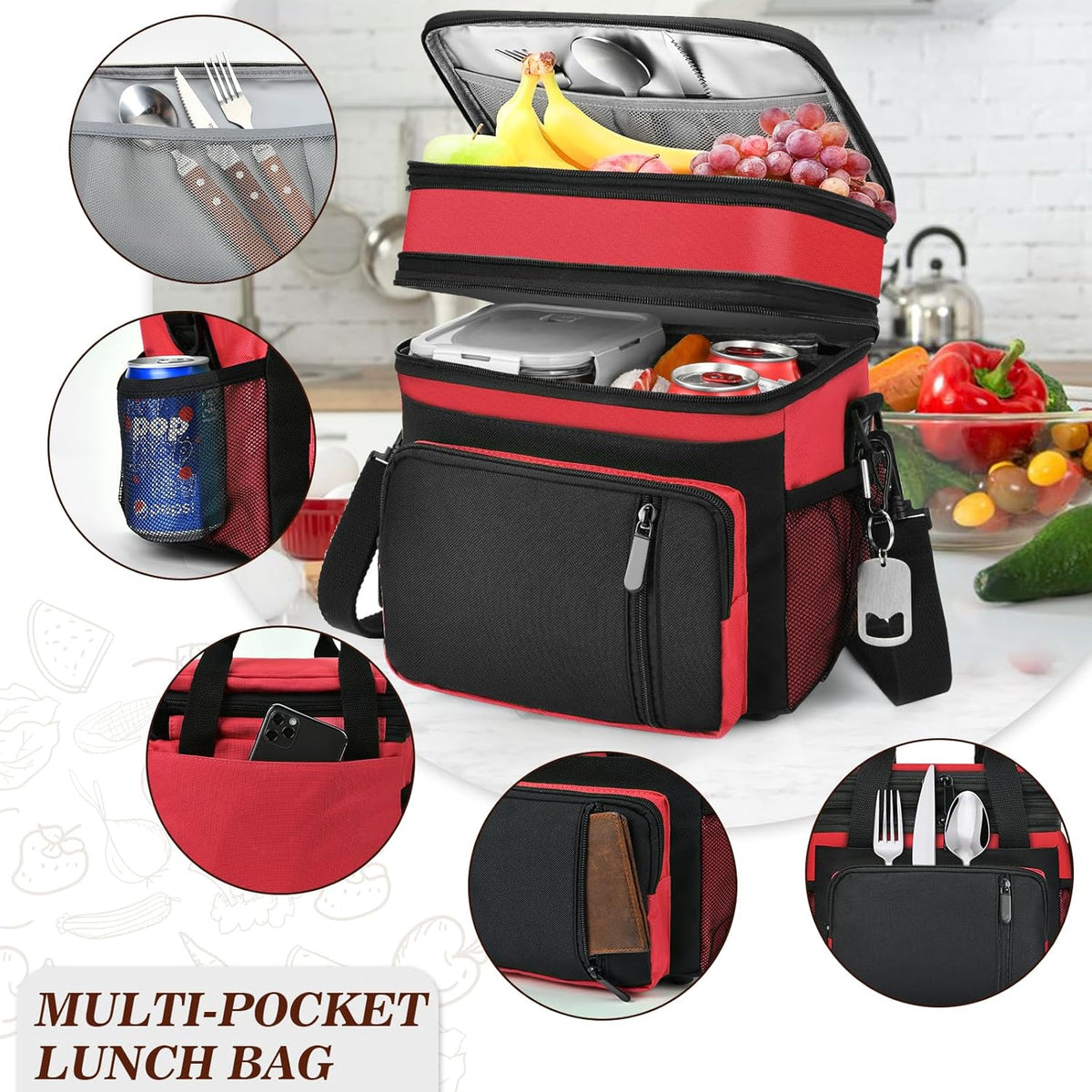 Insulated Lunch Bag Women & Men | Large Adult Lunch Box | Double-Layer Reusable Lunch Bags | Leak-Proof Tote Cooler Bag for Work Picnic Outdoors | 16L, Red
