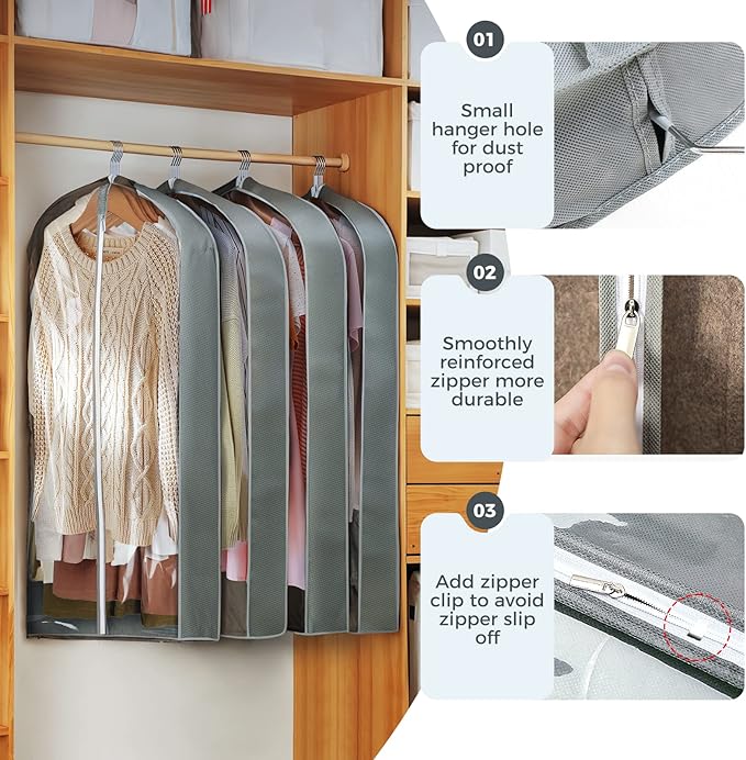 6 pcs 40" Garment Bags for Hanging Clothes, Clear Suit Bags for Closet Storage Clothing Storage, Garment Bags for Travel Covers with 4" Gussets for Coats, Jackets, Shirts and Sweater