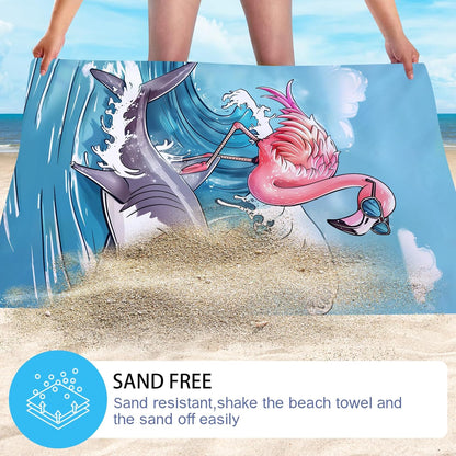 WZOMT Microfiber Flamingo Beach Towel Oversized, Funny Flamingo Riding A Shark Surfing Bath Towels for Kids Adults, Quick Dry Hot Pink Blue Ocean Flamingo Shark Swim Pool Towel 32x52 Inch