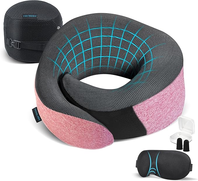 Pink Airplane Travel Pillow Set, 100% Pure Memory Foam Neck Pillow, Updated Material, Long Flight Travel Kit with 3D Contoured Eye Masks, Earplugs, and Luxury Bag