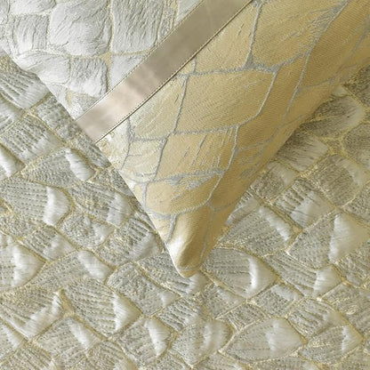 The HomeCentric King/Queen/Twin Ivory & Gold Decorative Full 68"x18" Bed Runner with Pillow Cover, Patchwork, Quilted, Jacquard Foil Bed Scarf on Jacquard Fabric - Spinzar