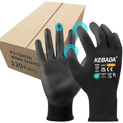 Kebada Safety Work Gloves,120 Pairs Bulk Pack, Touchscreen, PU Coated, Ideal for Warehouse, Construction, Gardening and Mechanics, Black, Medium