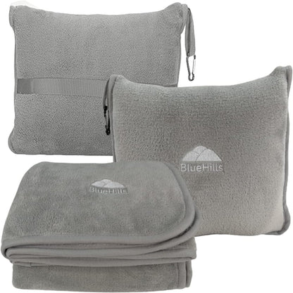 BlueHills Premium Soft Travel Blanket Pillow Airplane Flight Blanket Throw in Ultra-Soft Bag Pillow case Luggage Sleeve & Backpack Clip Large Air Warm Traveler Essentials - Light Gray T024