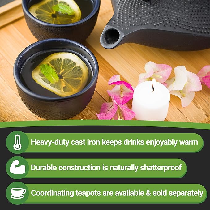 Restaurantware-Tetsubin 5 Ounce Cast Iron Tea Cups, Set Of 2 Hobnail Black Cups - Enamel Coated Interior, Durable, Black Cast Iron Asian Tea Cup, For Homes or Restaurants, Corrosion-Resistant