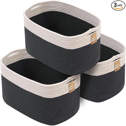 CHAT BLANC Cotton Rope Baskets for Organizing | Storage Baskets for Shelves | Rope Basket for Storage, Small Laundry Baskets, Woven Baskets for Storage, Dog Toy Bin, Baby Basket, White&Graphite 3 Pack