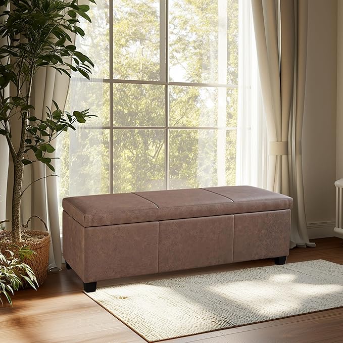 BELLEZE Storage Faux Leather Ottoman, 47 Inch Bench Bedroom Bench with Safety Close Hinge, Extra Long Ottoman with Storage for Living Room, Entryway, Foot Rest, Support 300lbs - Rustic Brown